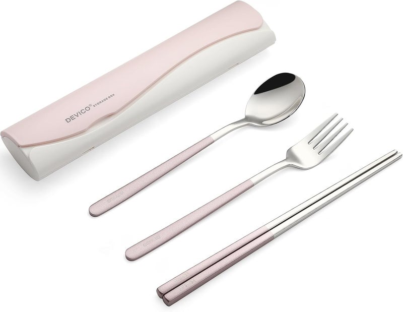 DEVICO Portable Travel Utensils with Case, Reusable Camping Silverware for Lunch, 18/8 Stainless Steel Cutlery Set (Pink) - Image 1